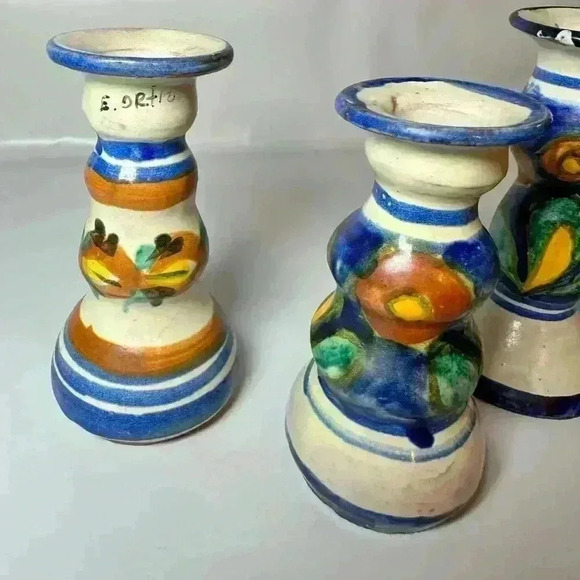 Hand-Painted E. Ortiz Mexican Pottery Candle Holders Mismatched Set Of 4 - Picture 4 of 12